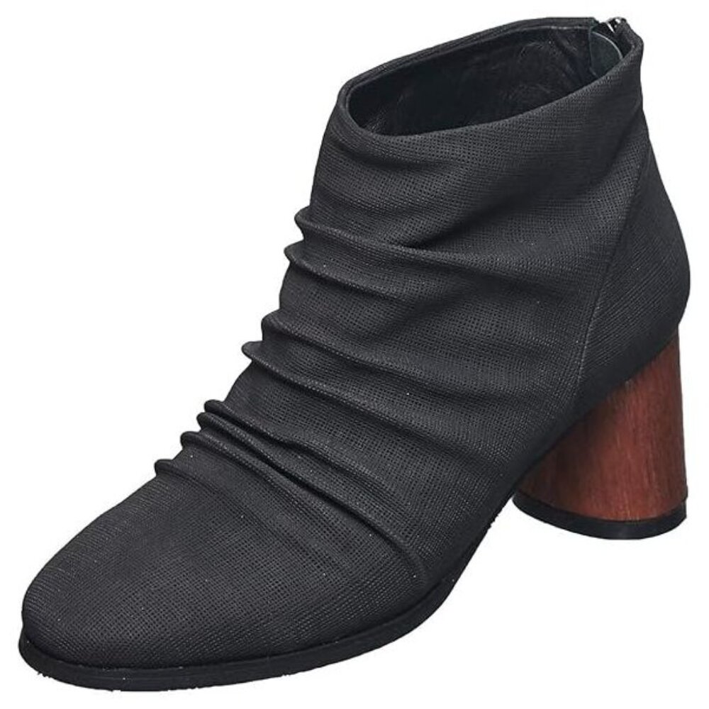 NEW Antelope Women 593 Ruched Leather Black Wood Cone Heel Embossed Dress Bootie